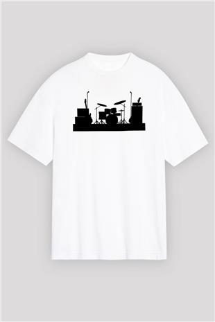 Bateri Baskılı Beyaz Unisex Oversize Tişört - Tshirt