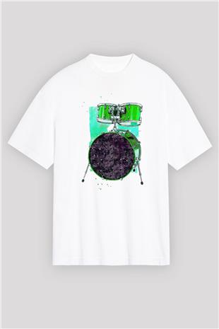 Bateri Baskılı Beyaz Unisex Oversize Tişört - Tshirt