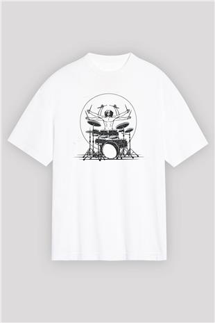 Bateri Baskılı Beyaz Unisex Oversize Tişört - Tshirt