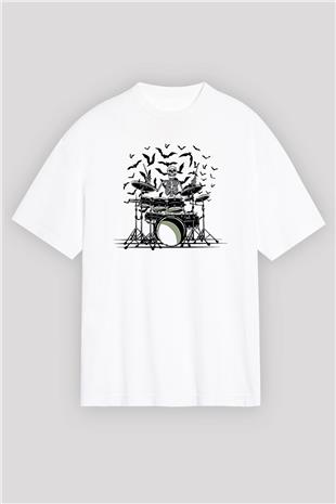 Bateri Baskılı Beyaz Unisex Oversize Tişört - Tshirt