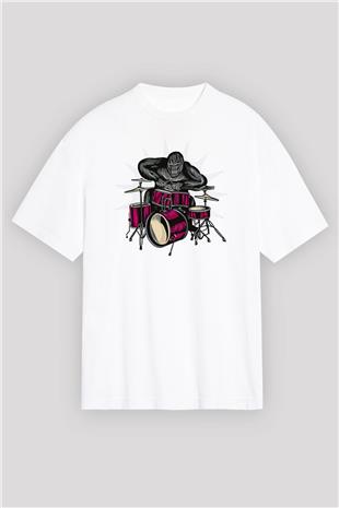 Bateri Baskılı Beyaz Unisex Oversize Tişört - Tshirt