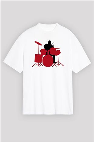 Bateri Baskılı Beyaz Unisex Oversize Tişört - Tshirt