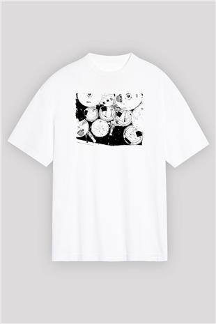 Bateri Baskılı Beyaz Unisex Oversize Tişört - Tshirt