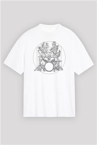 Bateri Baskılı Beyaz Unisex Oversize Tişört - Tshirt
