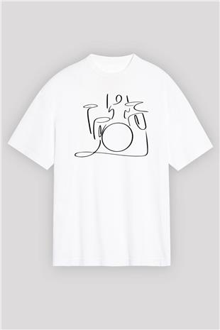 Bateri Baskılı Beyaz Unisex Oversize Tişört - Tshirt