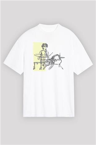 Bateri Baskılı Beyaz Unisex Oversize Tişört - Tshirt