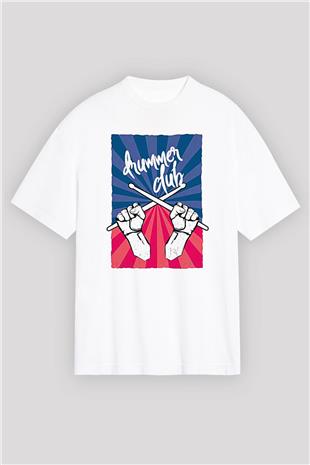 Bateri Baskılı Beyaz Unisex Oversize Tişört - Tshirt