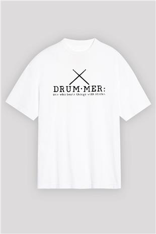 Bateri Baskılı Beyaz Unisex Oversize Tişört - Tshirt