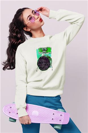 Bateri Baskılı Beyaz Unisex Sweatshirt