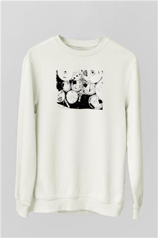 Bateri Baskılı Beyaz Unisex Sweatshirt