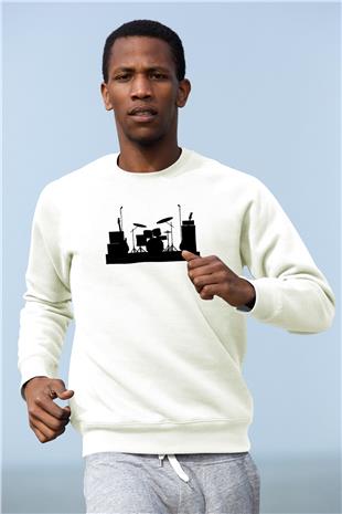 Bateri Baskılı Beyaz Unisex Sweatshirt