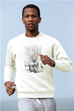 Bateri Baskılı Beyaz Unisex Sweatshirt