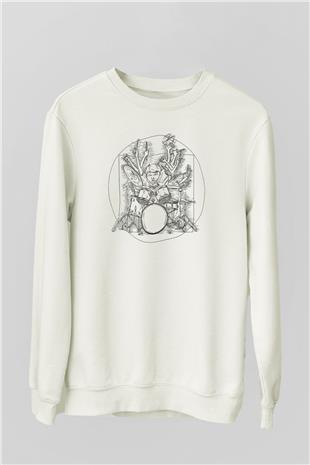 Bateri Baskılı Beyaz Unisex Sweatshirt