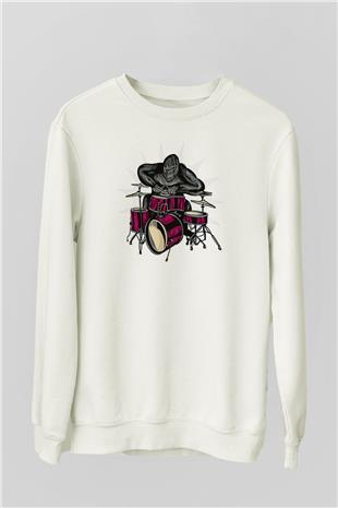 Bateri Baskılı Beyaz Unisex Sweatshirt