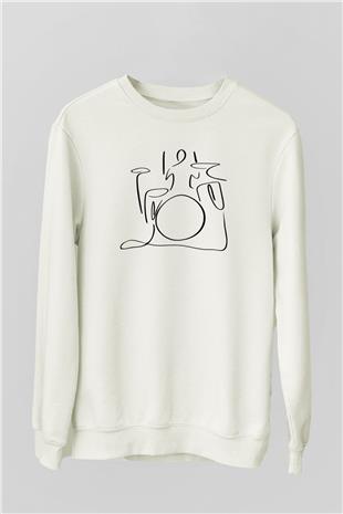 Bateri Baskılı Beyaz Unisex Sweatshirt