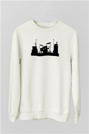 Bateri Baskılı Beyaz Unisex Sweatshirt