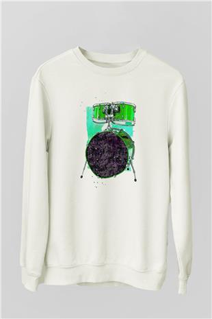 Bateri Baskılı Beyaz Unisex Sweatshirt