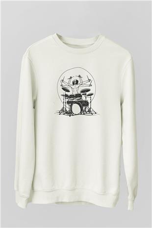 Bateri Baskılı Beyaz Unisex Sweatshirt
