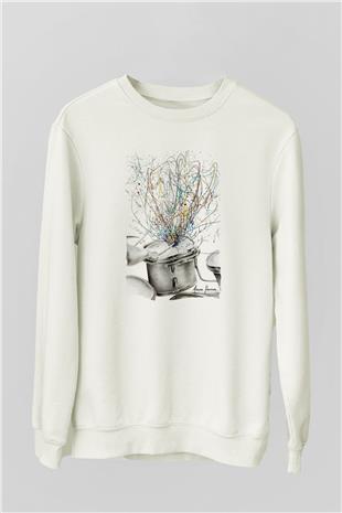 Bateri Baskılı Beyaz Unisex Sweatshirt