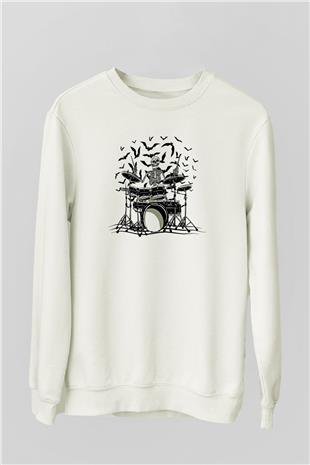 Bateri Baskılı Beyaz Unisex Sweatshirt