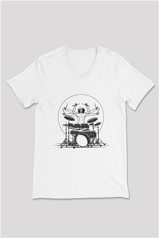 Bateri Baskılı Beyaz Unisex V Yaka Tişört - Tshirt
