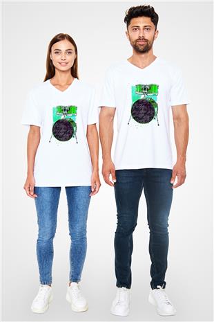 Bateri Baskılı Beyaz Unisex V Yaka Tişört - Tshirt