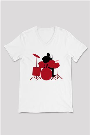 Bateri Baskılı Beyaz Unisex V Yaka Tişört - Tshirt