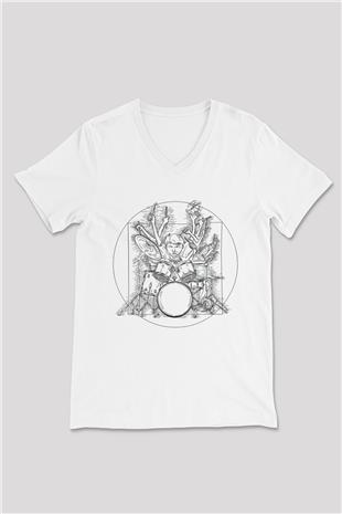 Bateri Baskılı Beyaz Unisex V Yaka Tişört - Tshirt