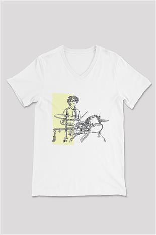 Bateri Baskılı Beyaz Unisex V Yaka Tişört - Tshirt