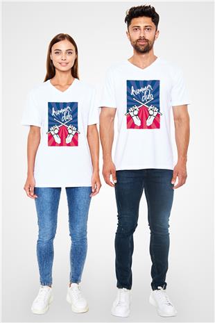 Bateri Baskılı Beyaz Unisex V Yaka Tişört - Tshirt