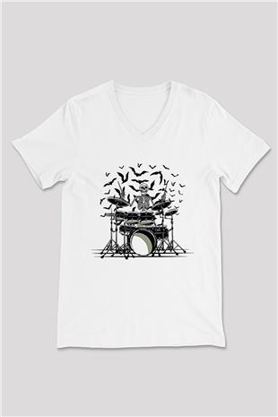 Bateri Baskılı Beyaz Unisex V Yaka Tişört - Tshirt