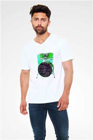 Bateri Baskılı Beyaz Unisex V Yaka Tişört - Tshirt