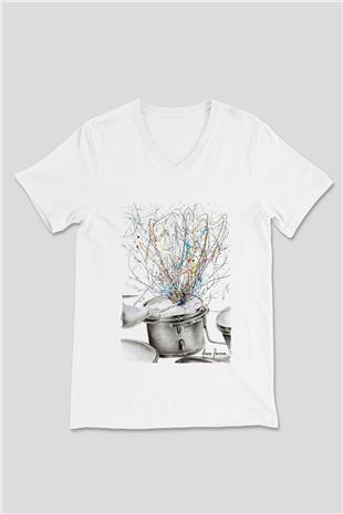 Bateri Baskılı Beyaz Unisex V Yaka Tişört - Tshirt