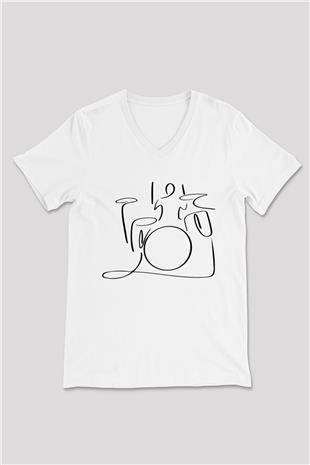 Bateri Baskılı Beyaz Unisex V Yaka Tişört - Tshirt