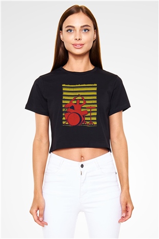Bateri Baskılı Siyah Crop Top Kadın Tişört - Tshirt