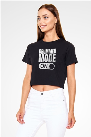 Bateri Baskılı Siyah Crop Top Kadın Tişört - Tshirt