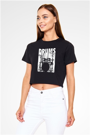 Bateri Baskılı Siyah Crop Top Kadın Tişört - Tshirt