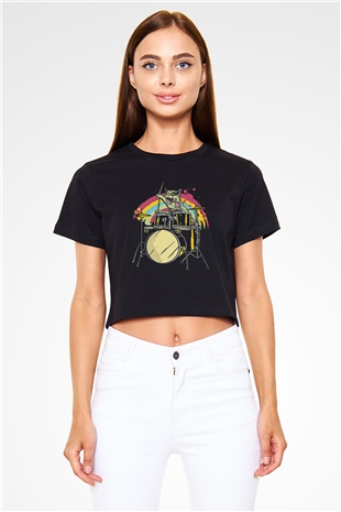 Bateri Baskılı Siyah Crop Top Kadın Tişört - Tshirt