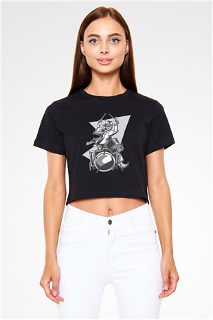 Bateri Baskılı Siyah Crop Top Kadın Tişört - Tshirt