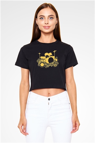 Bateri Baskılı Siyah Crop Top Kadın Tişört - Tshirt