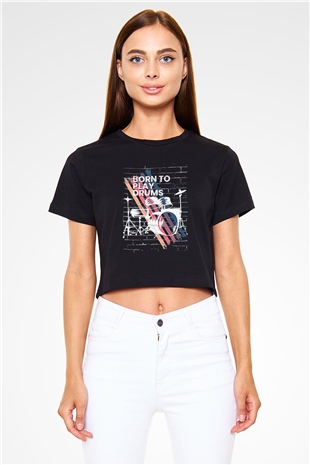 Bateri Baskılı Siyah Crop Top Kadın Tişört - Tshirt