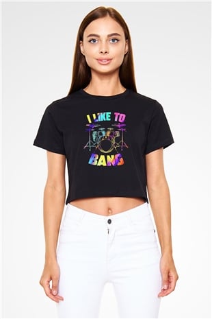 Bateri Baskılı Siyah Crop Top Kadın Tişört - Tshirt