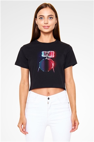 Bateri Baskılı Siyah Crop Top Kadın Tişört - Tshirt