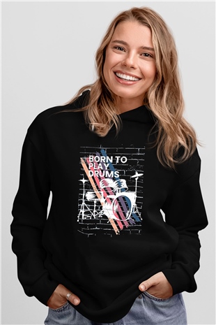 Bateri Baskılı Unisex Siyah Hoodie