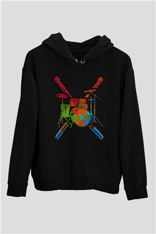 Bateri Baskılı Unisex Siyah Hoodie