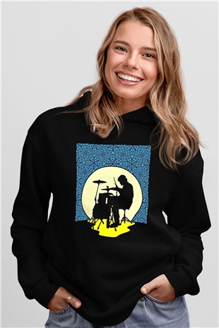 Bateri Baskılı Unisex Siyah Hoodie