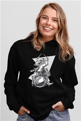 Bateri Baskılı Unisex Siyah Hoodie