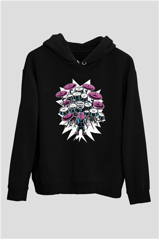 Bateri Baskılı Unisex Siyah Hoodie