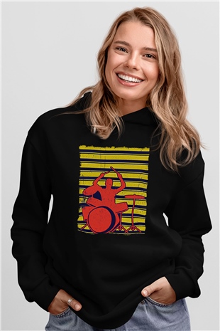 Bateri Baskılı Unisex Siyah Hoodie