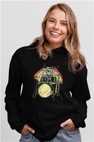 Bateri Baskılı Unisex Siyah Hoodie